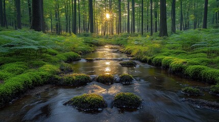 Obraz premium Sunlit stream flows through lush green moss-covered forest.