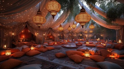 Enchanting Moroccan-style tent with floor cushions, lanterns, and sheer fabrics under the night sky.