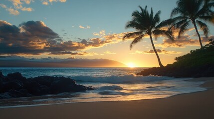 Tropical sunset beach scene palm trees ocean waves