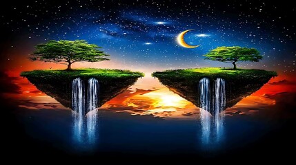 Towering floating islands with waterfalls tumbling into the abyss, set against a vibrant night sky filled with twinkling stars and a glowing crescent moon.