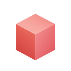 Isometric view of a minimalist cube shape rendered in a gradient of coral and pink tones, sitting on a clean white background with a precise aesthetic