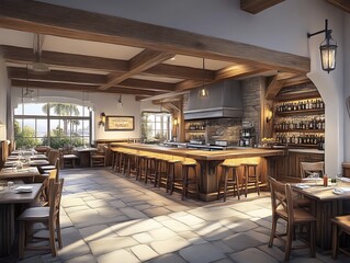 An inviting interior design showcasing a rustic restaurant with ample seating