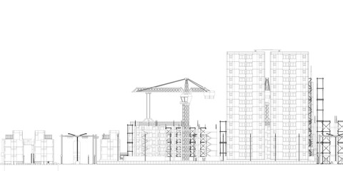 A drawing of a city skyline with a large building in the middle. The drawing is in black and white and has a very clean and simple style. The mood of the drawing is calm and peaceful
