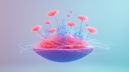 Fantasy landscape featuring floating islands covered in radiant, glowing vegetation, with delicate streams of light emanating from the plants, surrounded by an ethereal mist.