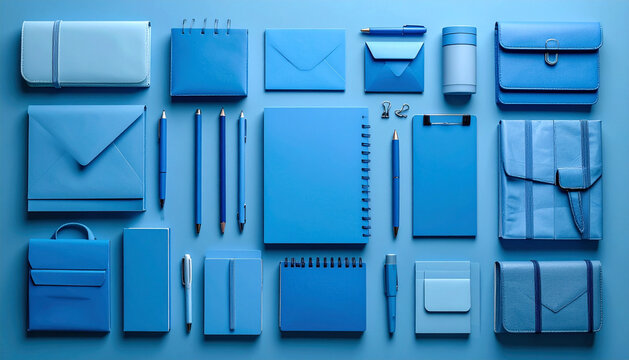 Blue Office Supplies and Stationery Flat Lay Photography