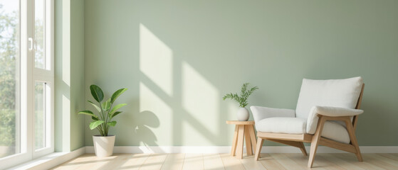 Cozy living room featuring light green wall, comfortable armchair, small side table, and potted plant, creating serene atmosphere