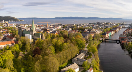 Nidaros Cathedral, and downtown Trondheim, Norway, aerial panoramic view, spring colors, historical buildings