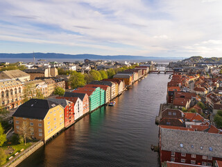 Colorful historical fishing houses of Trondheim, Norway, aerial view