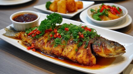 Asian-style steamed fish with chili and herbs served on a platter