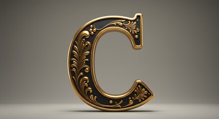 Ornate Letter C with Golden Floral Accents on a Textured Black Background