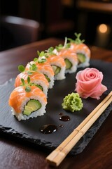 Fresh Salmon Sushi Rolls on Slate Plate with Garnish