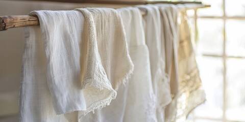 Obraz premium Close-up of freshly washed linens on a drying rack