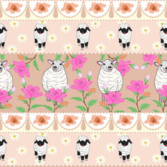 Sheep pattern design with flowers, pastel colors