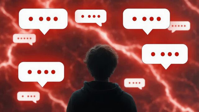 Using hurtful language toward others, bullying, verbal abuse, and hate speech. A silhouette figure surrounded by speech bubbles filled with hateful words.