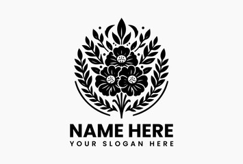 Circular vector logo black and white floral design with wreath and blooming flowers on white background. Botanical illustration concept © vectorvovdesign