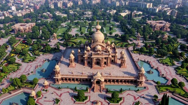 Aerial view of Akshardham Temple surrounded by lush greenery