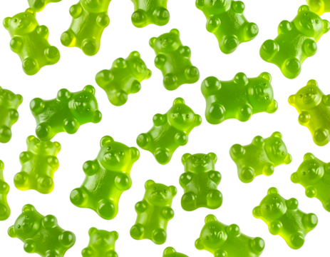 Green Gummy Bears Falling in Air Floating Candy Motion PNG Transparent Cutout