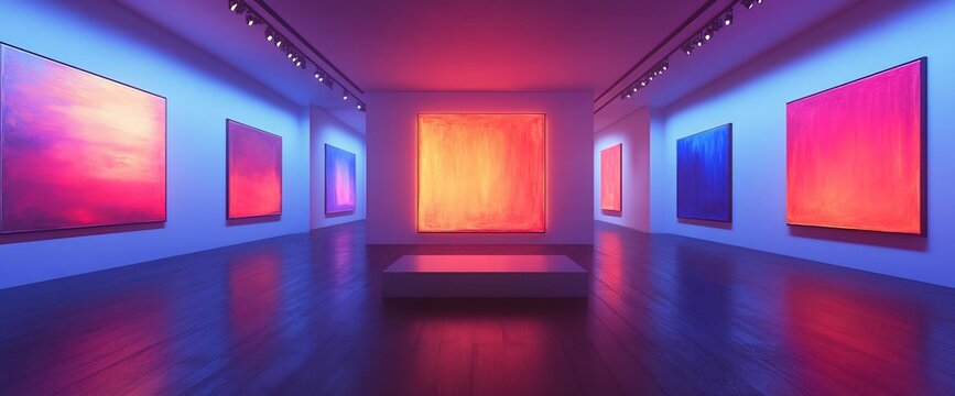 Illuminated canvases on display in a modern art gallery with colorful lights
