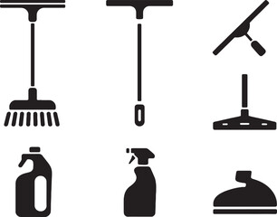 Cleaning supplies icons set broom squeegee spray bottle