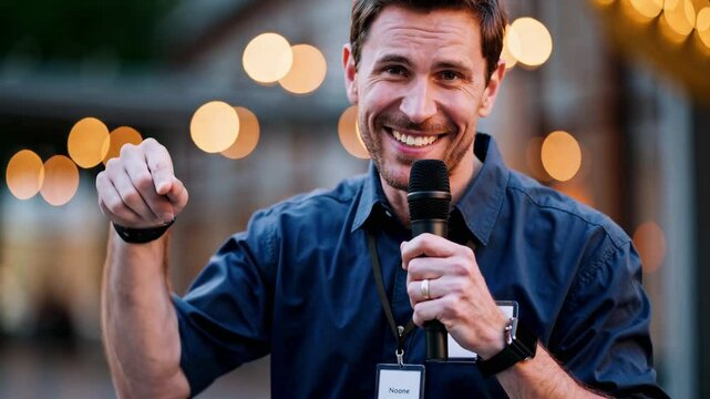 Engaging tour guide speaking with microphone at outdoor event  