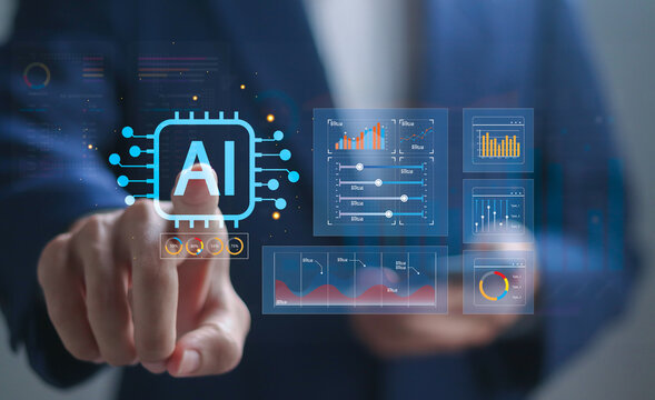 Data processing by AI, big data technology and data science. Businessman with artificial intelligence AI circuit board for analyze data automated chart graph.