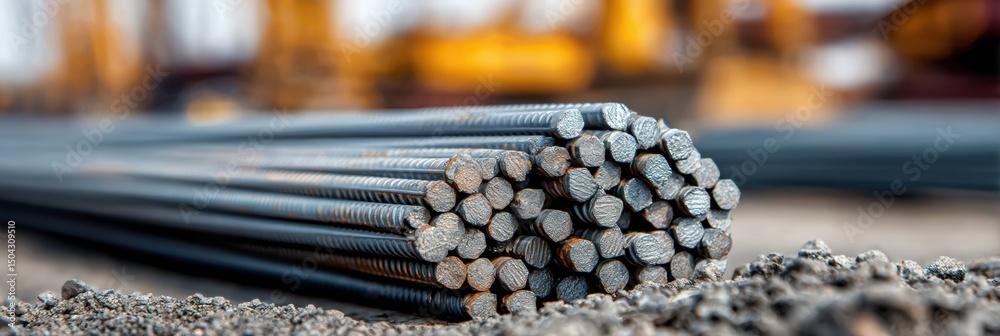 Poster steel rebar bundle resting on ground with blurred construction background during daytime activity at