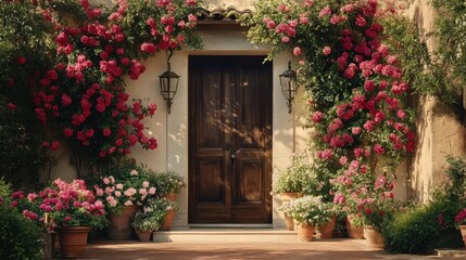 Front door of a traditional Italian home, bright flowers overflowing from pots, and vintage lanterns on both sides