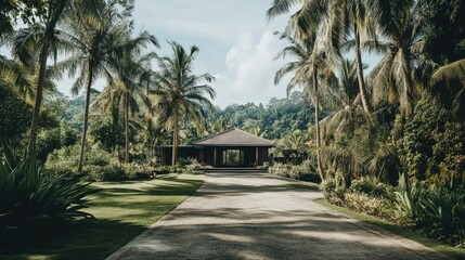 Obraz premium Front of a minimalist tropical house surrounded by coconut trees and dense natural greenery