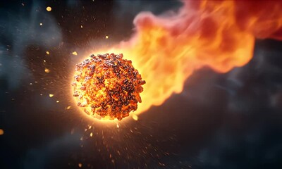 Sphere of molten metal burns intensely. Flames rise against a smokey gray sky - Powered by Adobe