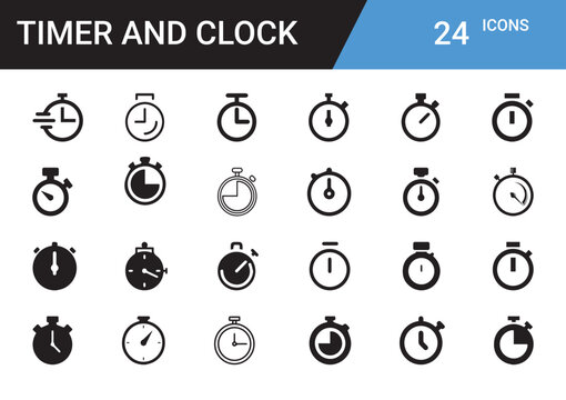 Time Management Icon Set: A comprehensive collection of clock and timer icons, presenting a variety of styles, meticulously arranged to help convey the concept of time, punctuality and precision.