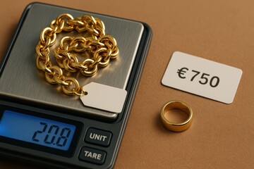 Gold jewelry on a digital scale with price tag showcasing value against a neutral background