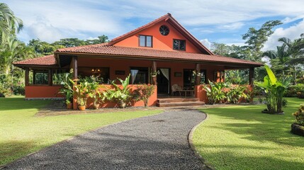 Front view of eco-lodge-style house with plant wall and tropical landscaping
