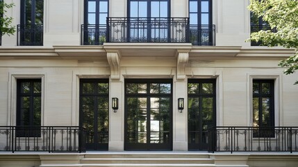 Obraz premium Front view of elegant house with glass terrace doors and clear sky reflecting on windows