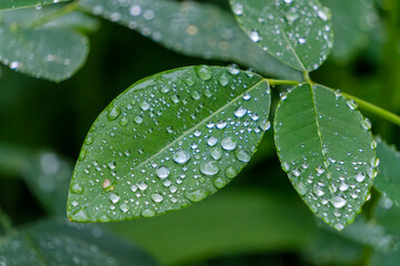 雨上がりの葉に残る水滴のクローズアップ