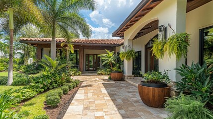 Front yard of a tropical house with hanging greenery, wooden textures, and natural stone planters