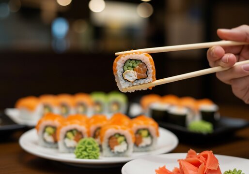 Hand holding sushi roll with chopsticks in a restaurant with rolls on the table
