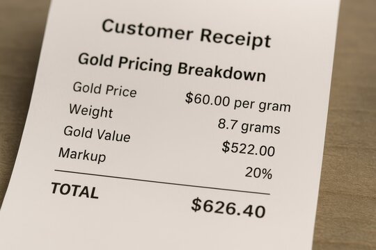 Customer Receipt for Gold Pricing Breakdown Including Weight, Value, Markup, and Total Amount
