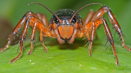 Fototapeta premium Close-up of a large, orange and black insect resembling a cricket or spider, perched on a green leaf.