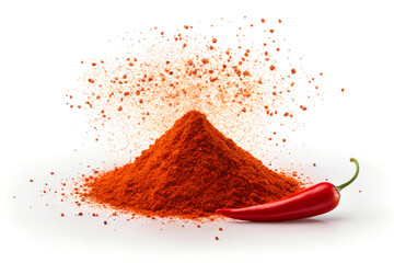 Vibrant Red Paprika Powder Explosion with Whole Chili Pepper on White Background
