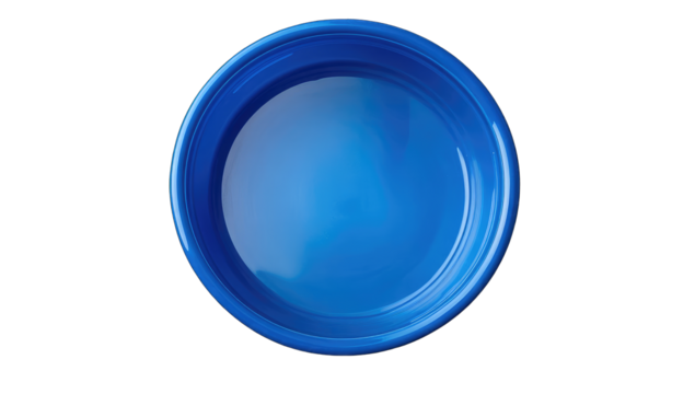 A vibrant, glossy blue, shallow, round bowl, possibly plastic, viewed from directly above against a black background