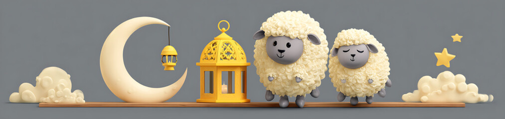 Obraz premium Cute cartoon sheep jumping beside Eid lantern with crescent moon isolated on white background
