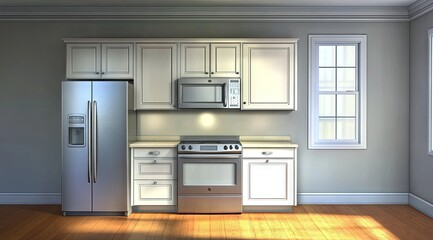 Modern kitchen with white cabinets and stainless steel appliances.  Bright and airy