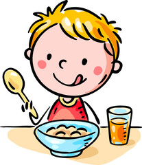 Cartoon kid eating porridge. Happy boy having breakfast. Child with plate of porridge and a spoon on the table