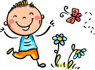 Cute little kid boy have fun outdoors, child playing, isolated cartoon clipart