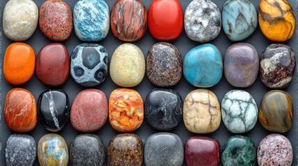 Colorful polished stones arranged in grid