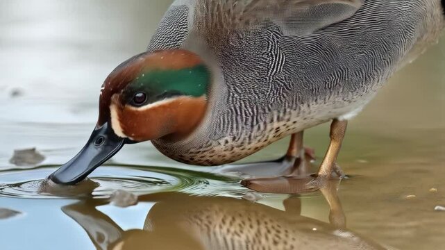 Detailed close up of a Common Teal duck drinking fresh water with its beak and reflection in wetland environment in daylight.