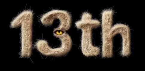 A unique representation of Friday 13 is shown with the numbers designed in a textured fabric, illuminating a mysterious atmosphere with a watchful eye. Perfect for spooky themes or Halloween