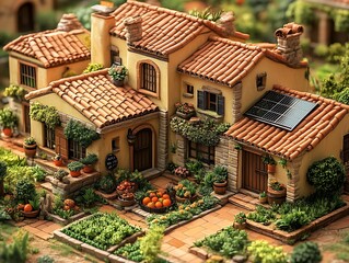 A miniature quaint Mediterranean home with a beautiful garden setup