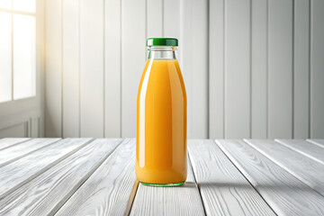 Fresh Orange Juice in Clear Glass Bottle with Green Cap on Wooden Table