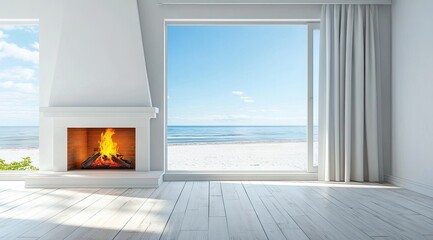Coastal living room with a fireplace and ocean view